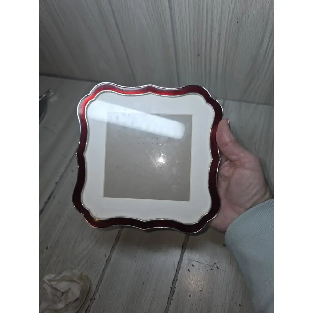 PIER 1 IMPORTS Silver Tone Burgundy Red Enamel Scalloped Picture Frame W/Matt